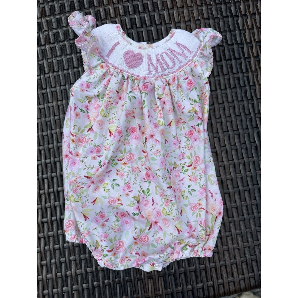 Poppy Kids Co Baby Girl Smocked Bubble Romper I Love Mom Size 6 Mo